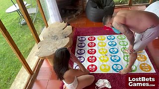 Teen Brunette Loses Strip Twister Game - POV Blowjob on Small Cock
