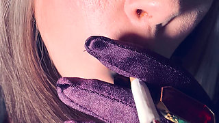 BBW Smoker Tina Snua Wears Purple Satin Gloves & Jewellery & Tip To Tail 2 Cigarettes - Domme Smoking BBW OMI OME
