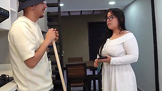 Busty latina made a guy who works at her place, fuck her in the kitchen