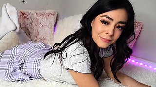 Brunette with foot fetish rubs big dick with her feet in POV