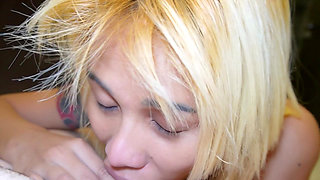 Blonde Hair Asian Loves to Suck and Gets Creampie by a Big White Cock