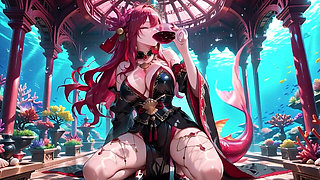 Red-haired Mermaid in Black Gown! Kneeling by the Pool, Lips & Mesmerizing Eyes.