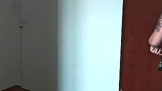 Busty Businesswoman Pees on the Kitchen Table.
