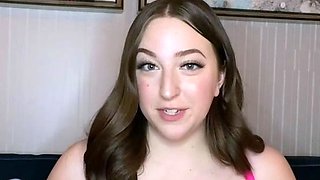 Busty curly brunette with big boobs fucks on couch