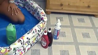 Hot amateur tattooed bitch pours milk and cream on her hot body