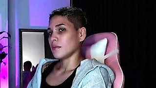 Amateur busty brunette masturbates and does hand job