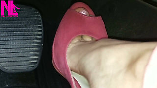Barefoot Driving and Revving in Vivid Pink High Heeled Sandals