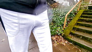 Freeballing and Bulging in public showing off my big cock in white sweatpants on a rainy day