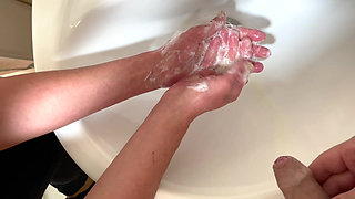 Washing Hand in His Pee and Pee on His Dick Next He Pee on My Boobs and Clit