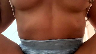 Amateur young brunette enjoys dildo on solo masturbation