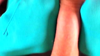 Footjob in Blue Nylon Stockings - Cum on Her Feet