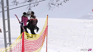 German Mature Wife Julia Pink give risky Blowjob to Conny Dachs at Public Ski-Lift at Holiday Resort