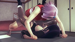 Futanari lesbian action featuring Naruto characters and Sakura in a naughty cosplay