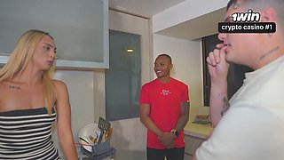 Babydoll swallows a huge load from my BBC friend! First Knock Knock interracial!