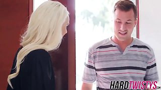 Slim blondie beauty Emma Hix juggling on gigantic massive pecker