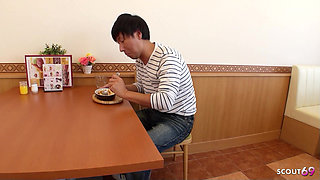 Japanese Teen waitress give Blowjob with swallow and Nylon Footjob to her Customers in Restaurant