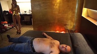 Gold Lingerie Babe Dominates Bald Guy on Couch