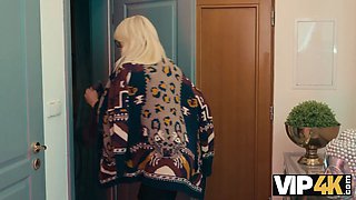 Vip4k. mature cougar in maid costume cleans with her tongue