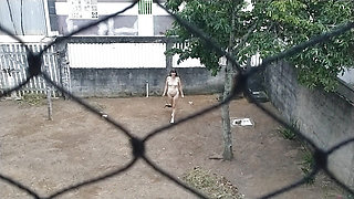 My wife working naked outside