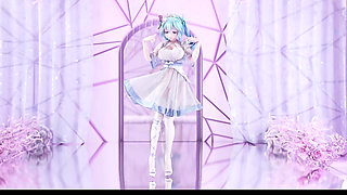 [mmd] Miku-queencard Elegant White Silk Dress Striptease with Big Breasts