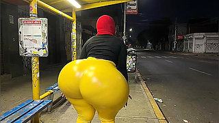 Big Ass Stepcousin in Tight Yellow Leggings at Bus Stop