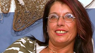 German housewife with glasses persuaded to solo sex casting