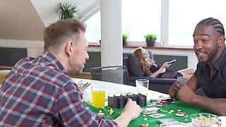 Nude redhead with huge jugs enjoys hard fuck-fest on couch