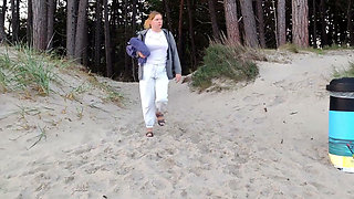 POV. You Watch as a Busty Model, of Your Presence, Strips Naked on the Beach, Bathes, and Plays in the Sand.