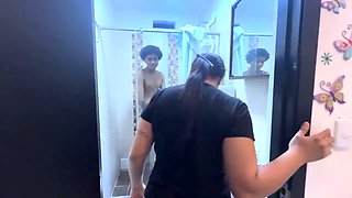 STEPMOM DON'T ON ME THAT I'M SHOWERING. My stepmom is very slutty and watches me while I take a shower.