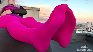 Pink Nylon Tease on the Rooftop at Sunset - Feet and Big Ass