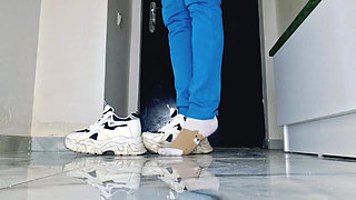 After a long walk in sneakers, my feet are sweaty. It's time for a foot massage from my submissive.