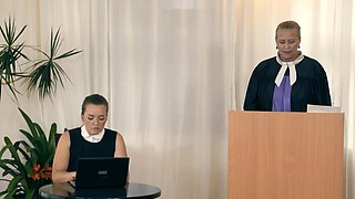 Old bitch in leather pants tries to take a young dick