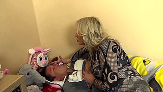 Blonde Cougar loves to play with little guy