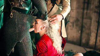 Rebecca More taking care of three dicks in a porn parody