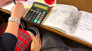 High Schoolgirl Stroking Him off in Math Class Under the Table. at College