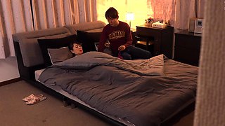 Slutty brunette MILF giving POV blowjob in threesome