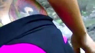 Blonde young girl with tattooed ass enjoys ass-fuck outdoor