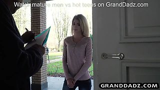 Skinny babe delivers package and fucks old grandpa