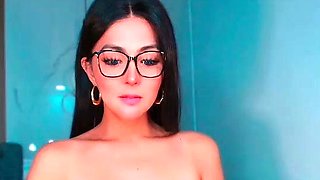 Teen brunette cheerleader squeezes boobs and masturbates