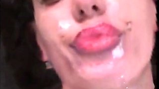 Cumming on my wife's face—I covered her big lips with semen.