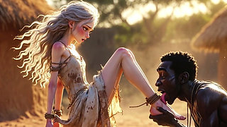 White Woman in Bondage - African Man Passionate Foot Licking