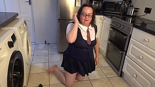 Big Breasts Wife in Collage Uniform with Big Black Dildo