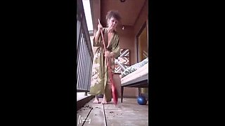 YourFavoriteMommy Sweeps Balcony with Big Clit Masturbation - Horny MILF Fingering Solo