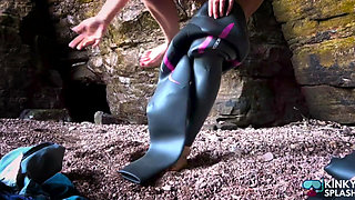 Shiny Rubber Wetsuit Tease in Private Cave