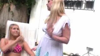 When two horny moms spot the burglar jacking his cock off