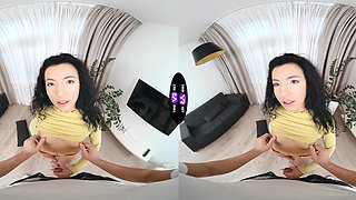 Mini Mitzi enjoys riding cock in doggy style with shaved pussy in vr
