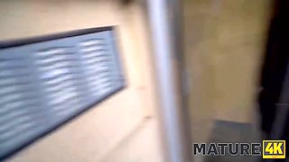 Mature4k. brunette mature lady in crimson hooks up with the fellow