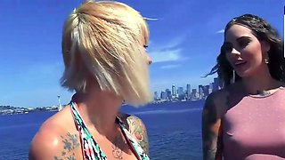 Tattooed mummy and blondie with big melons in oil
