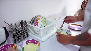 Slutty brunette wearing stockings rides a mighty chef's dick in the kitchen