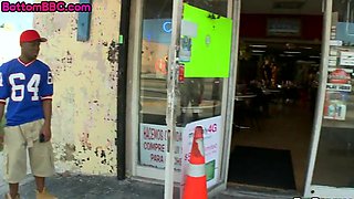 Ebony stud picked up for outdoor public fuck by white top